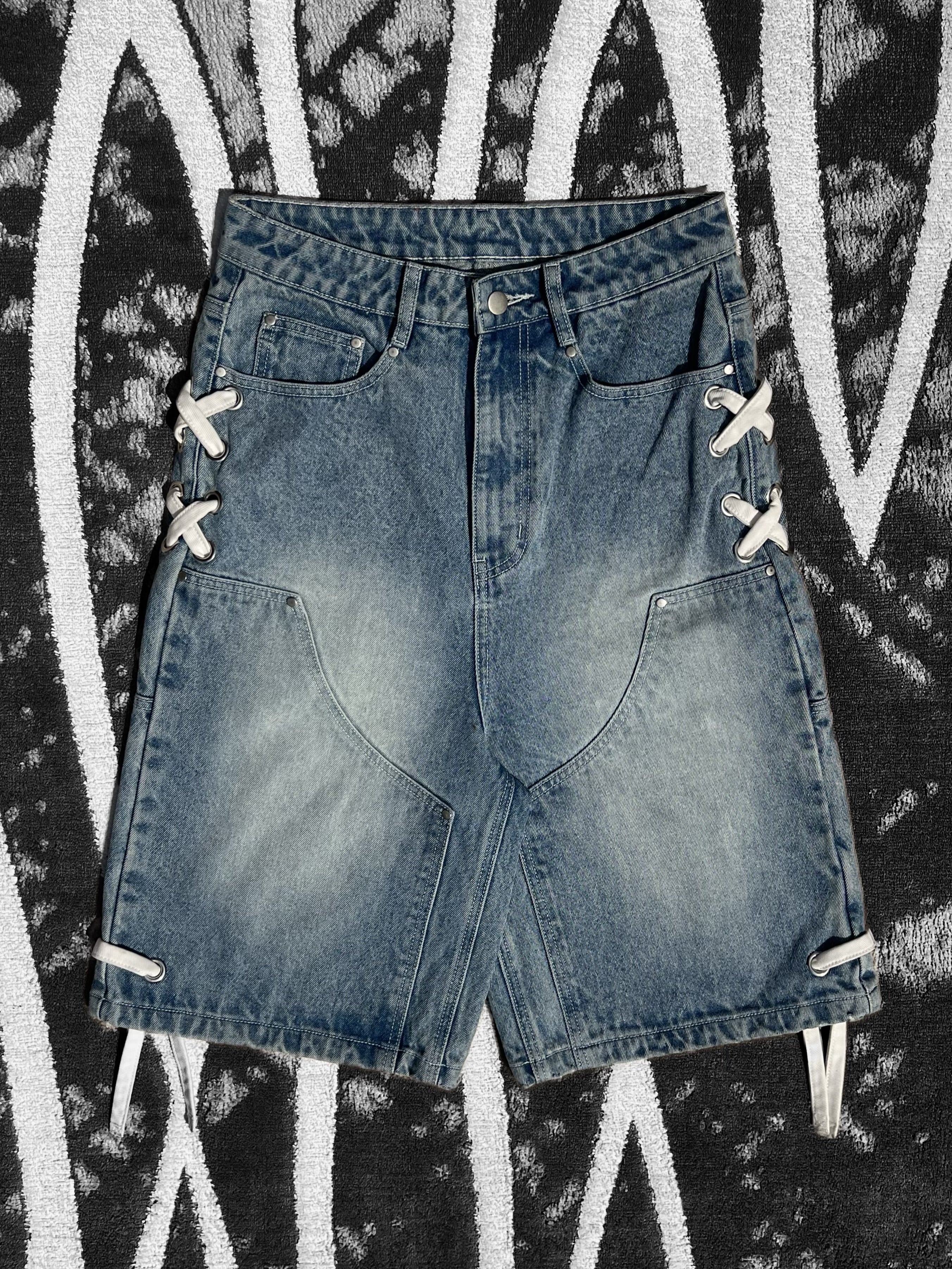 Ocean Fade SVG Laced-Up Baggy Denim Shorts