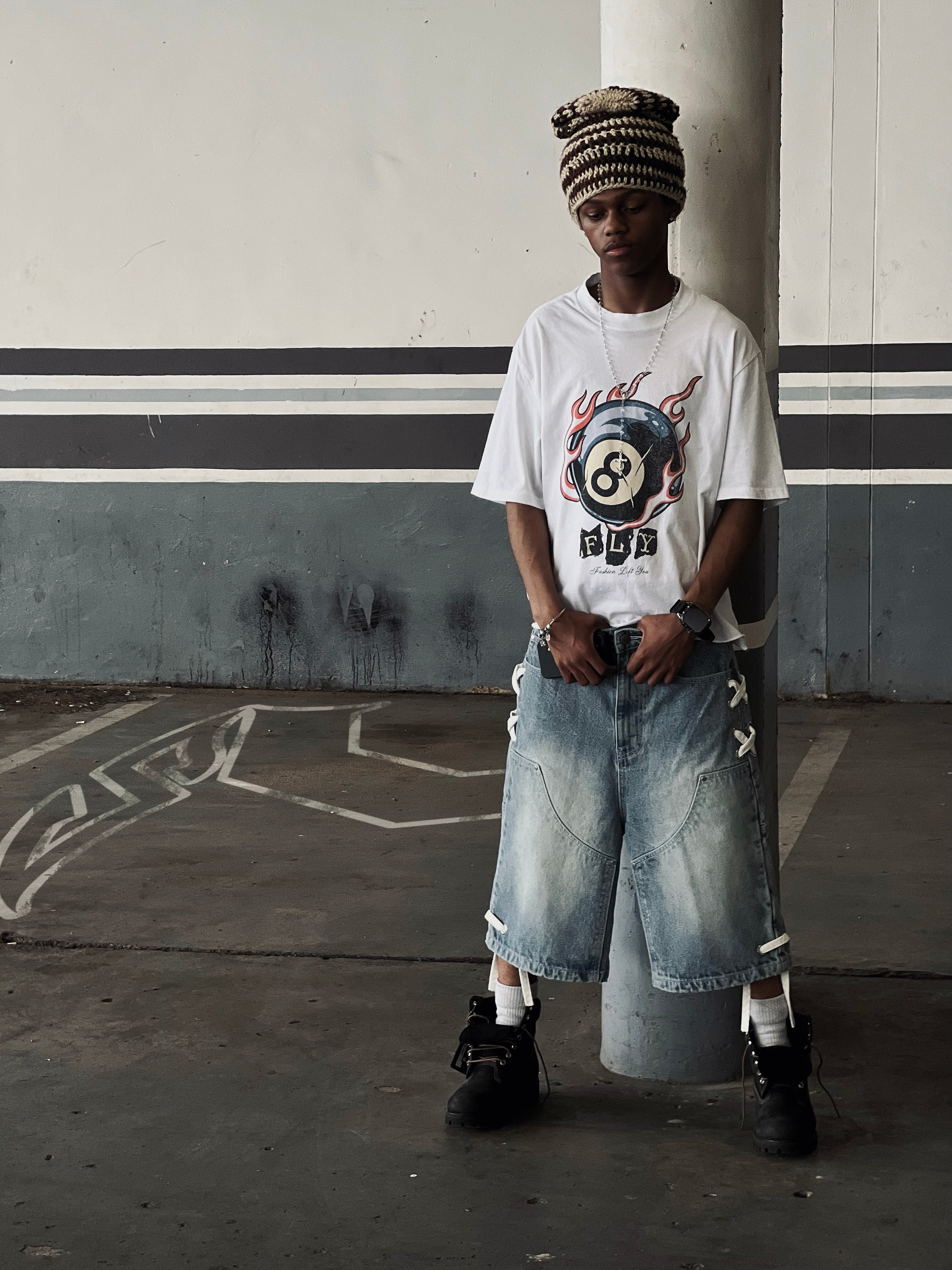 Ocean Fade SVG Laced-Up Baggy Denim Shorts